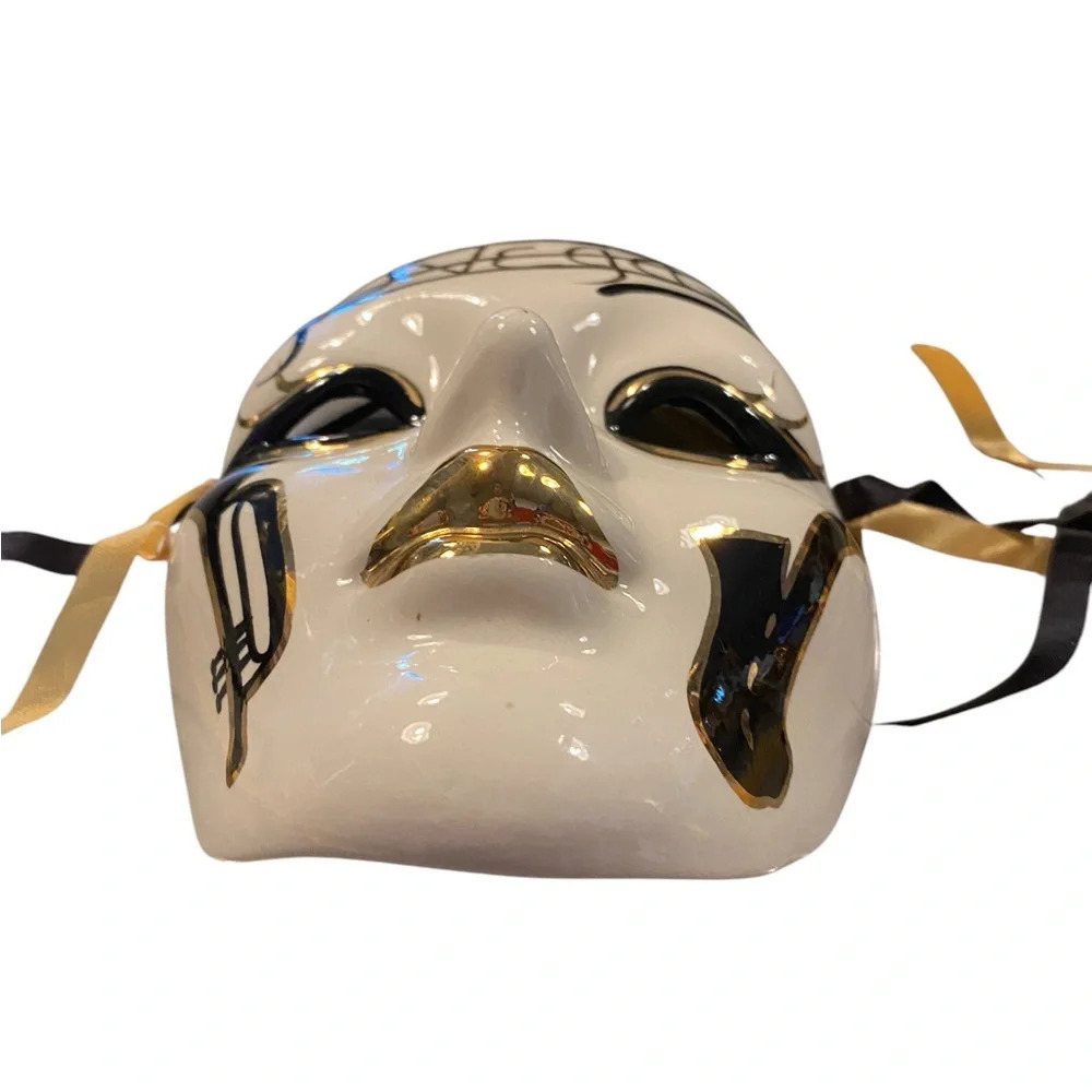 vintage venetian handmade ceramic gold black  and and white las vegas jazz mask - Picture 3 of 6